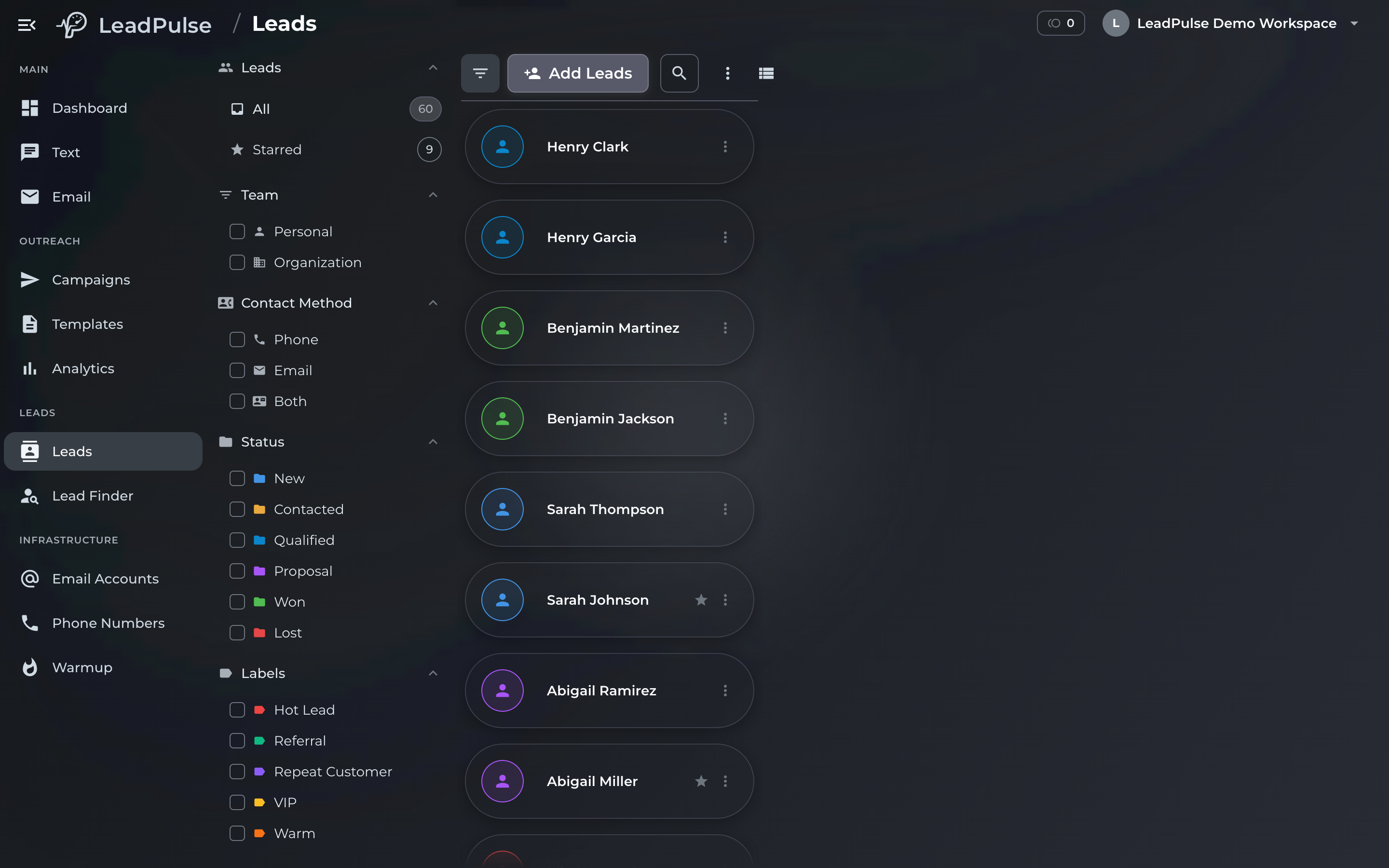 Lead management with custom statuses and labels